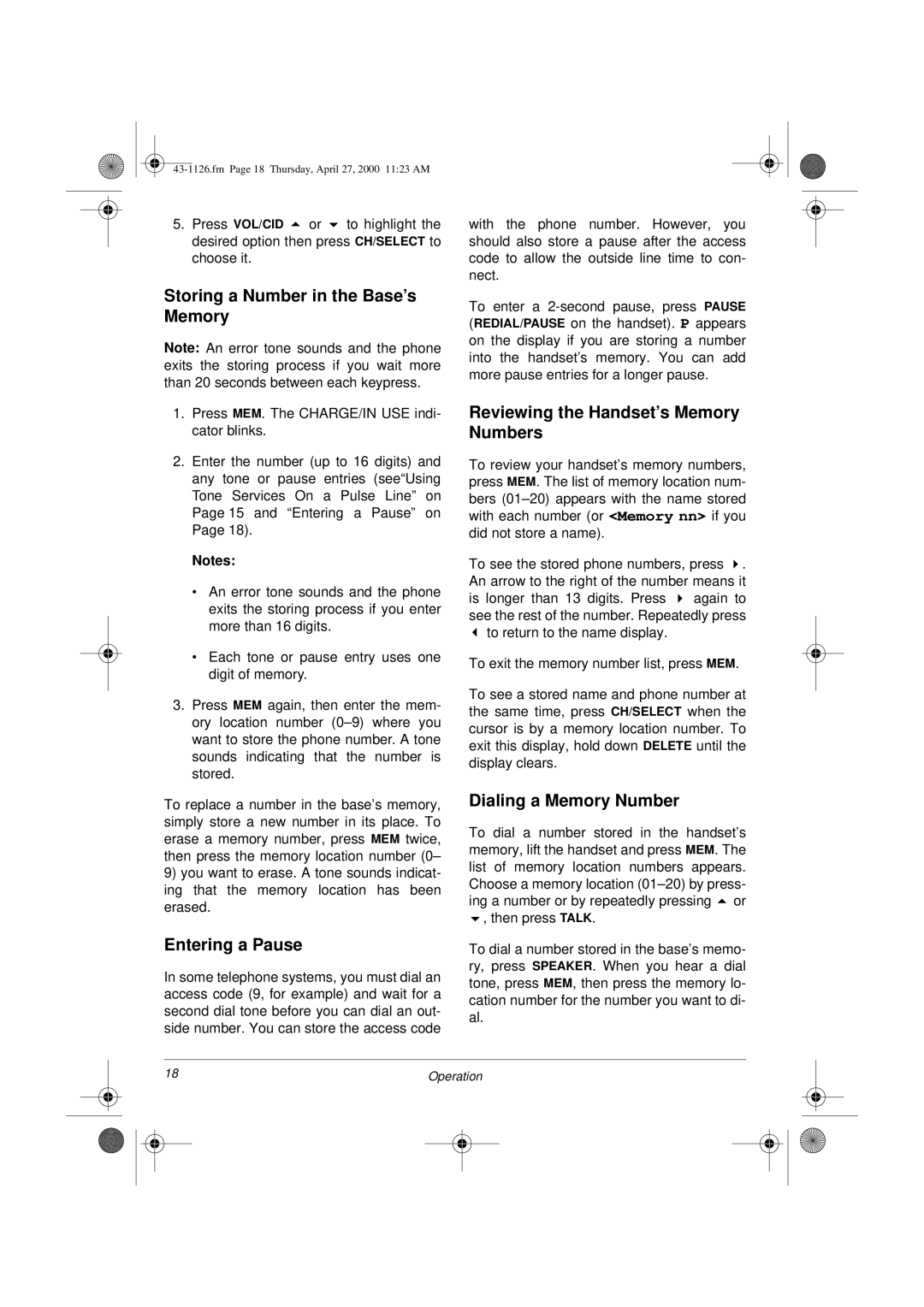 Radio Shack ET-1126 Storing a Number in the Base’s Memory, Entering a Pause, Reviewing the Handset’s Memory Numbers 