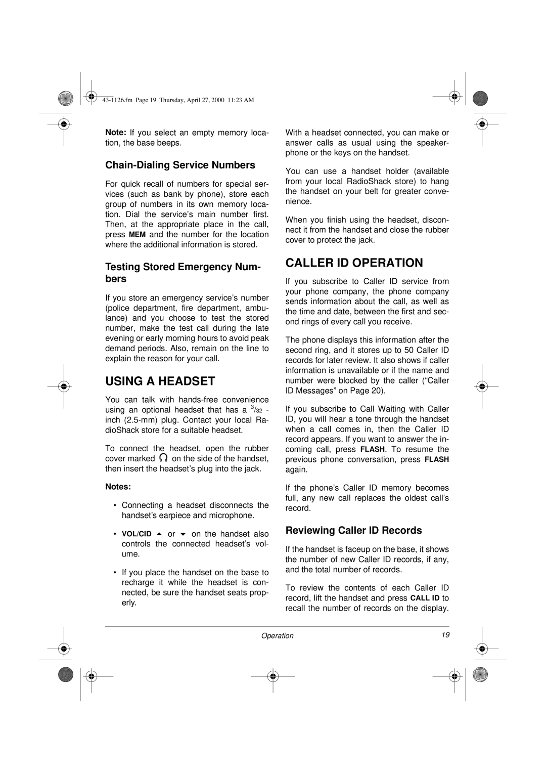 Radio Shack ET-1126 Using a Headset, Caller ID Operation, Chain-Dialing Service Numbers, Reviewing Caller ID Records 