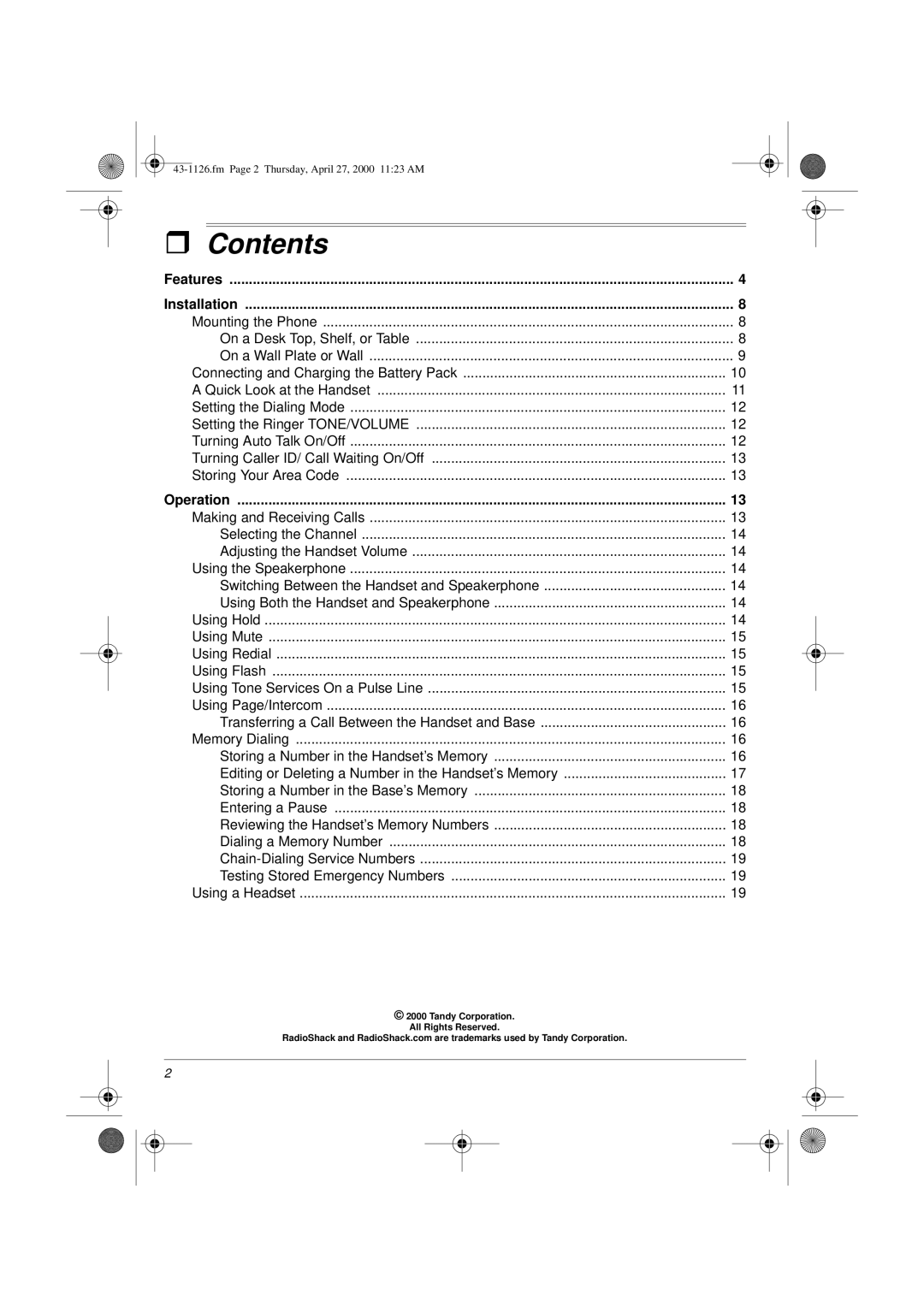 Radio Shack ET-1126 owner manual Contents 