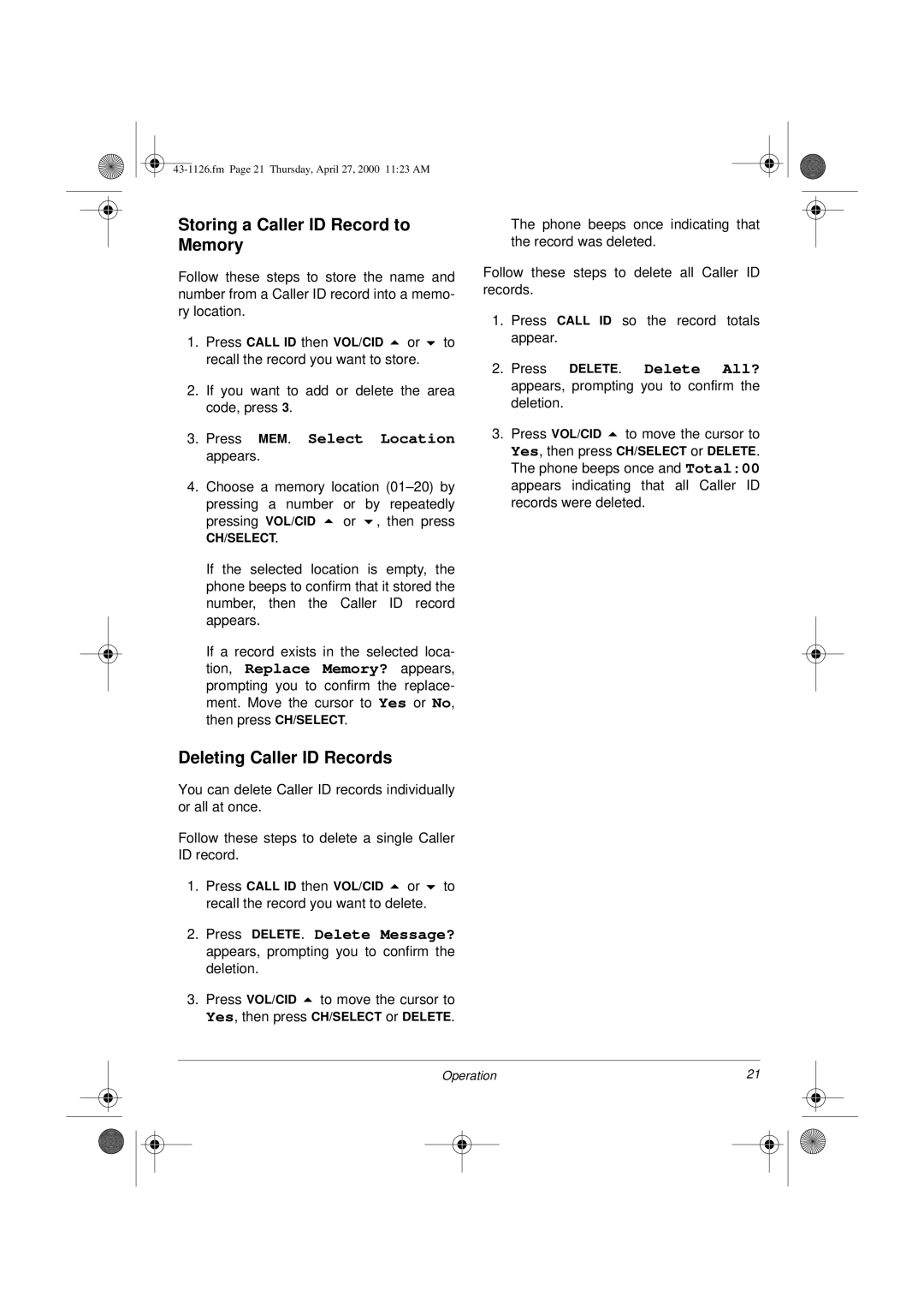 Radio Shack ET-1126 owner manual Storing a Caller ID Record to Memory, Deleting Caller ID Records 