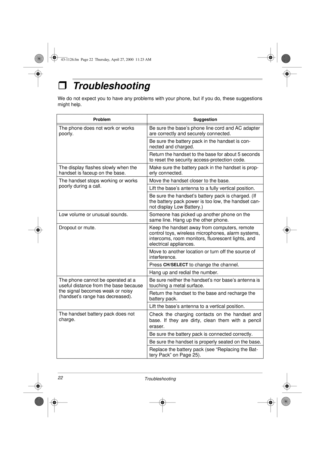 Radio Shack ET-1126 owner manual Troubleshooting 