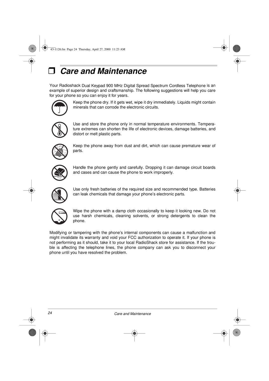 Radio Shack ET-1126 owner manual Care and Maintenance 