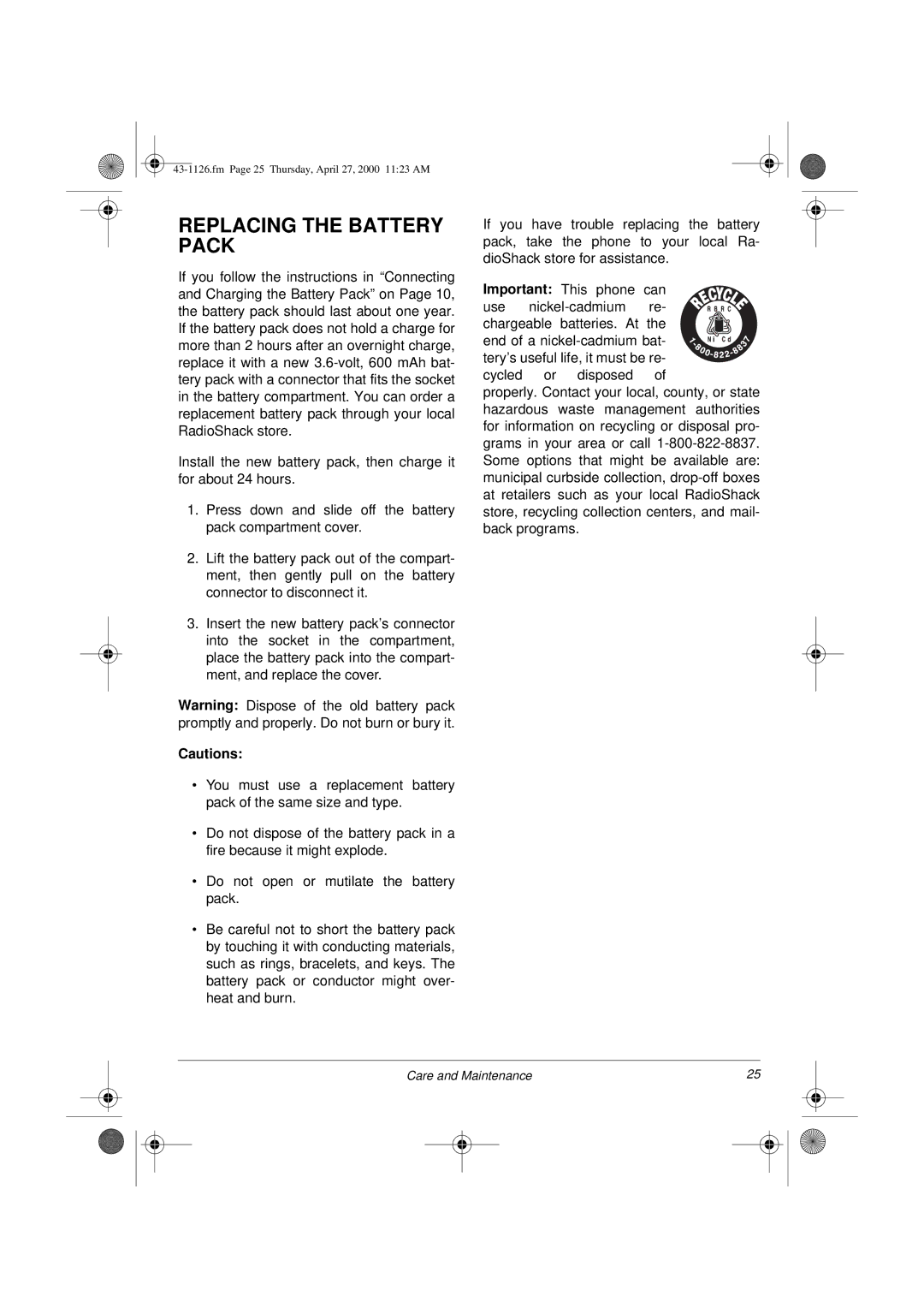 Radio Shack ET-1126 owner manual Replacing the Battery Pack 