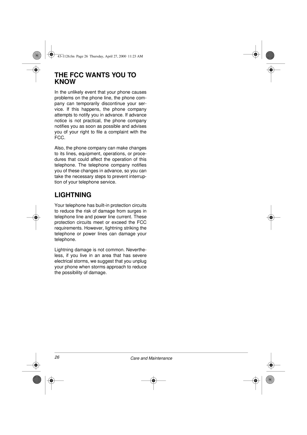 Radio Shack ET-1126 owner manual FCC Wants YOU to Know, Lightning 