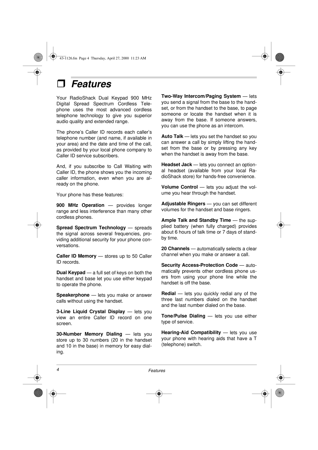 Radio Shack ET-1126 owner manual Features 