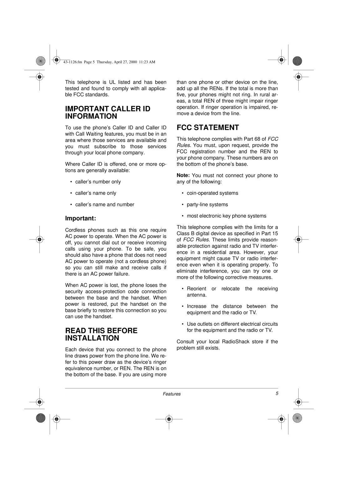 Radio Shack ET-1126 owner manual Important Caller ID Information, Read this Before Installation, FCC Statement 