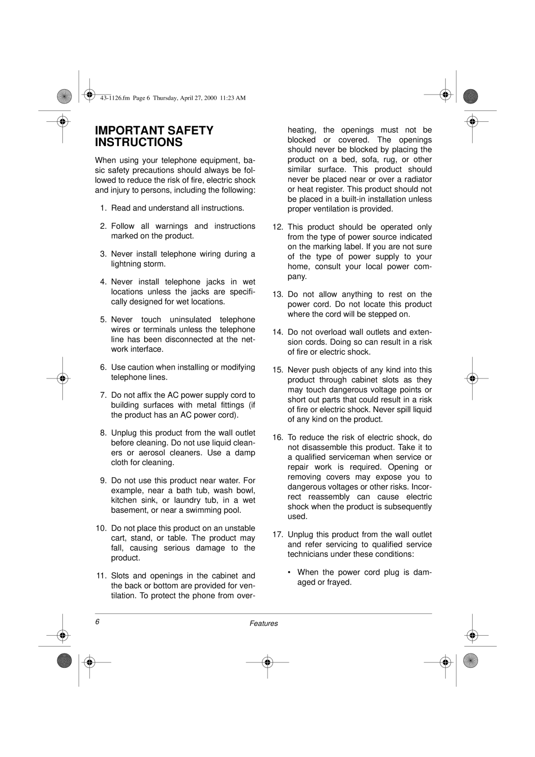 Radio Shack ET-1126 owner manual Important Safety Instructions 