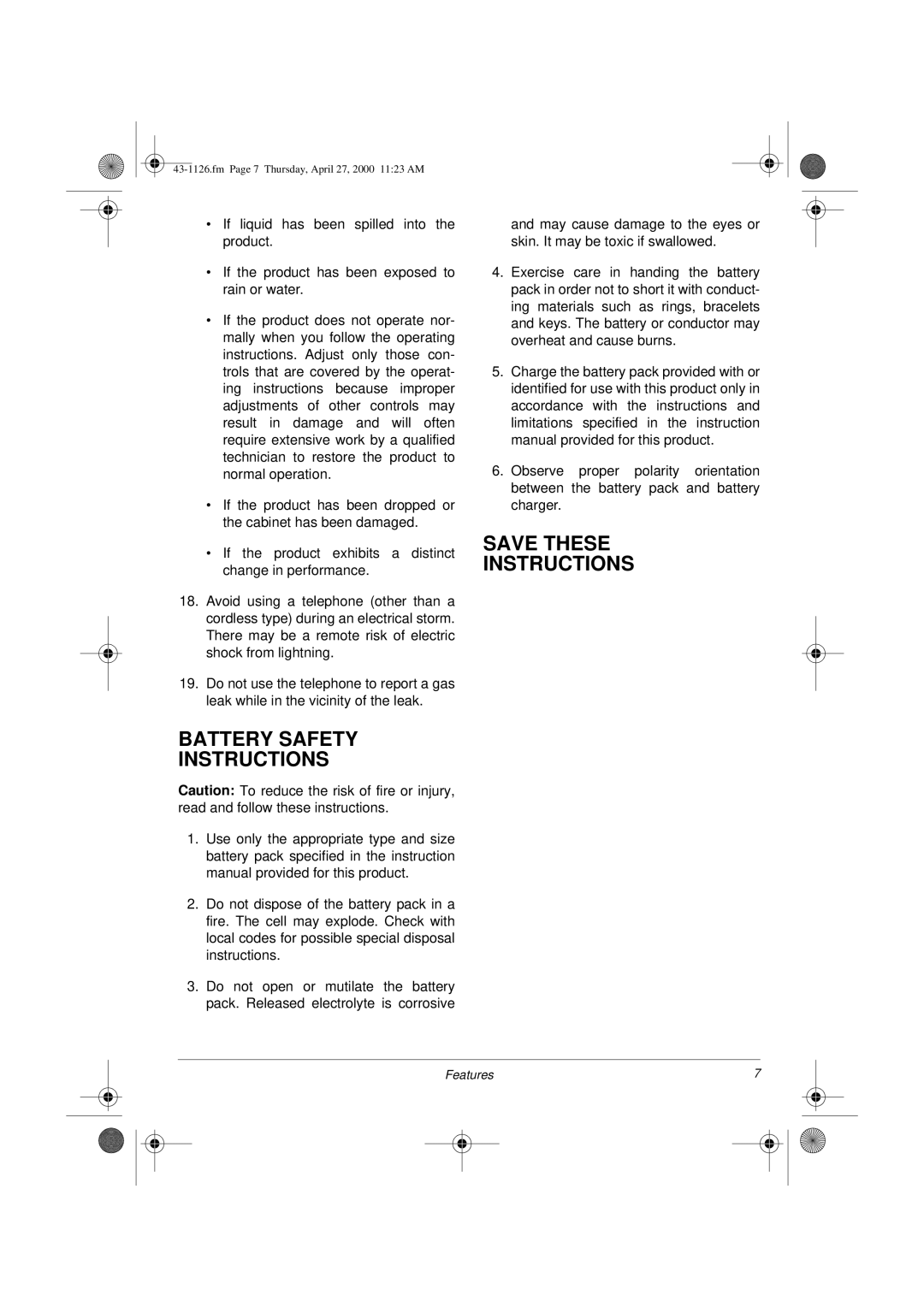 Radio Shack ET-1126 owner manual Battery Safety Instructions, Save These Instructions 