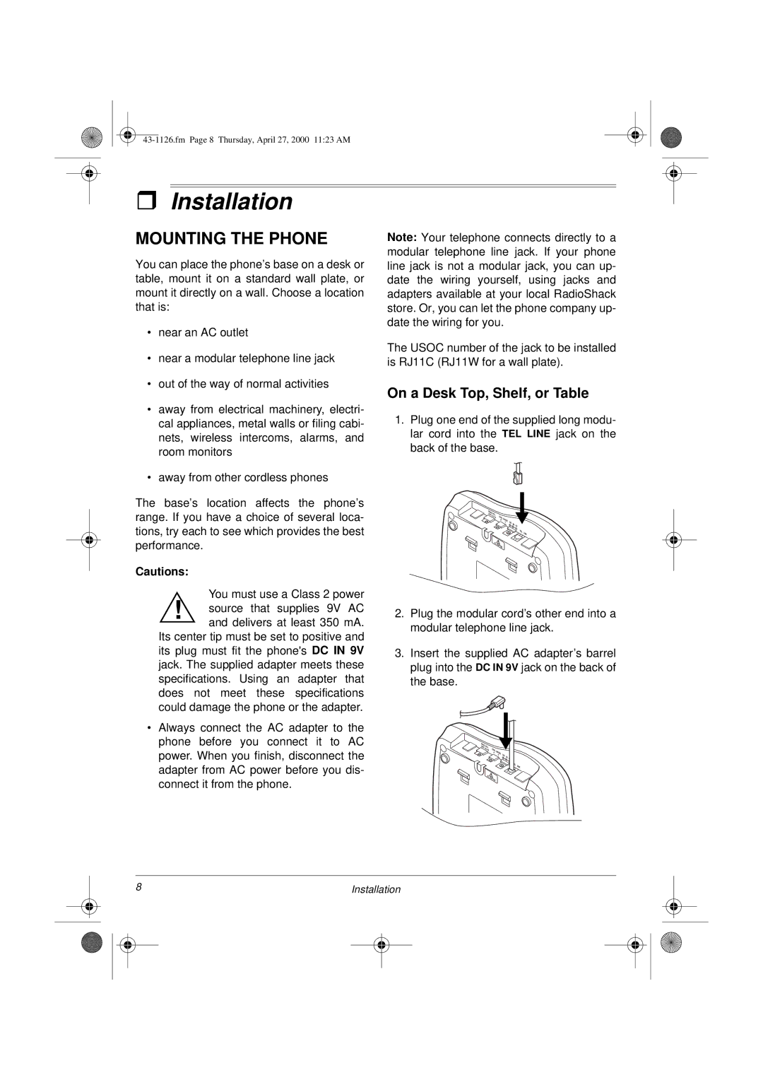 Radio Shack ET-1126 owner manual Installation, Mounting the Phone, On a Desk Top, Shelf, or Table 