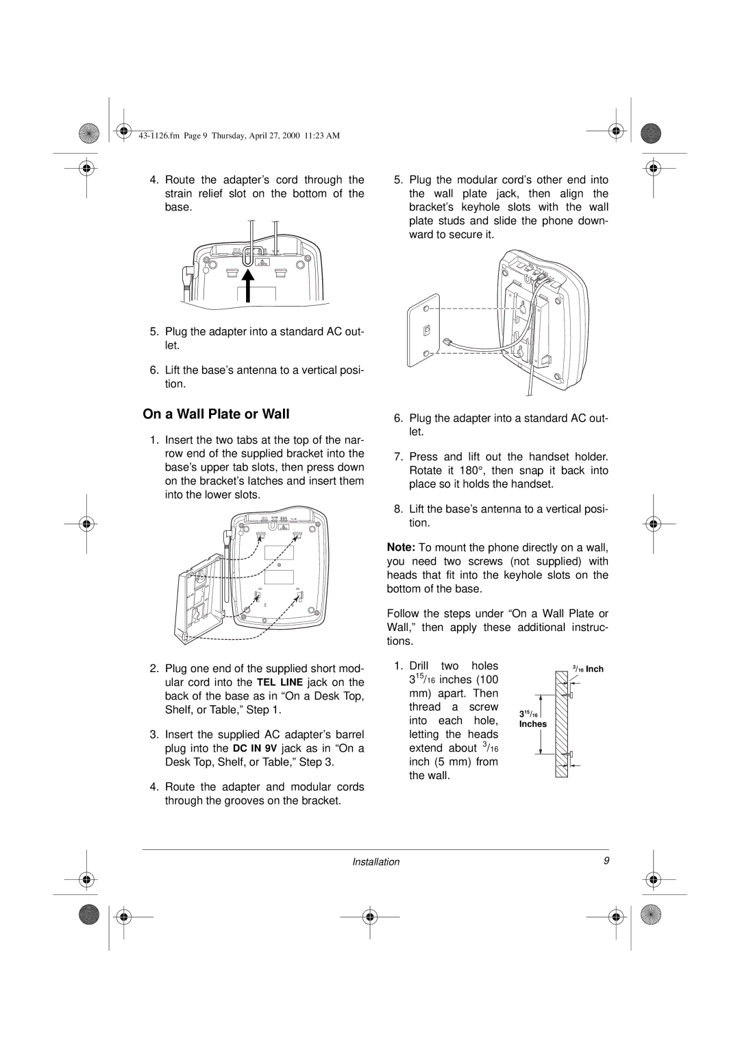 Radio Shack ET-1126 owner manual On a Wall Plate or Wall 