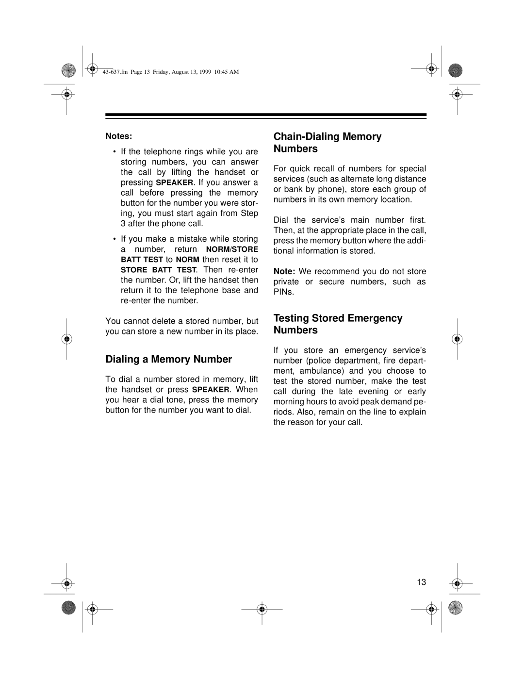 Radio Shack ET-148 owner manual Dialing a Memory Number, Chain-Dialing Memory Numbers, Testing Stored Emergency Numbers 