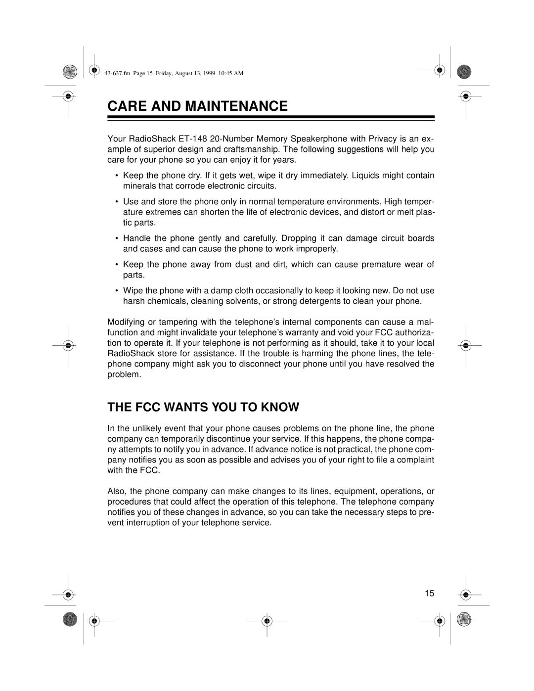 Radio Shack ET-148 owner manual Care and Maintenance, FCC Wants YOU to Know 