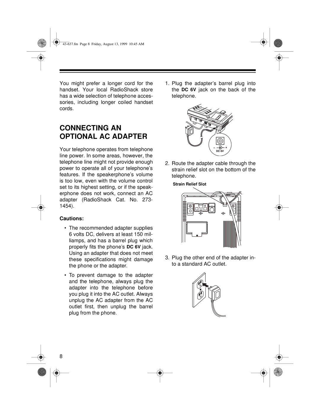 Radio Shack ET-148 owner manual Connecting AN Optional AC Adapter 