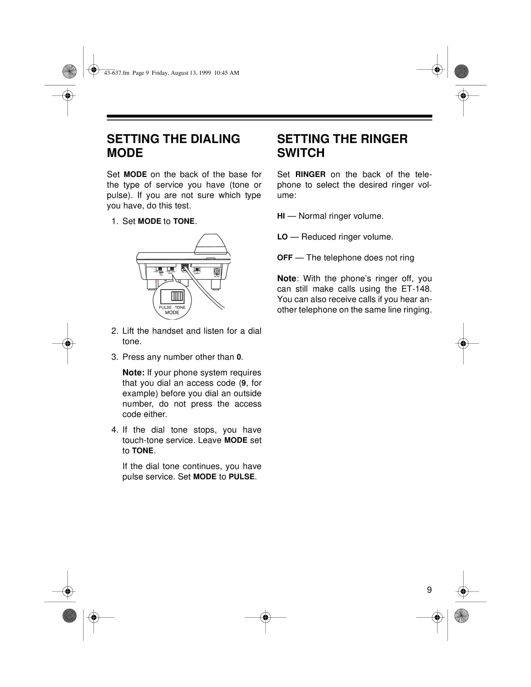 Radio Shack ET-148 owner manual Setting the Dialing Mode, Setting the Ringer Switch 