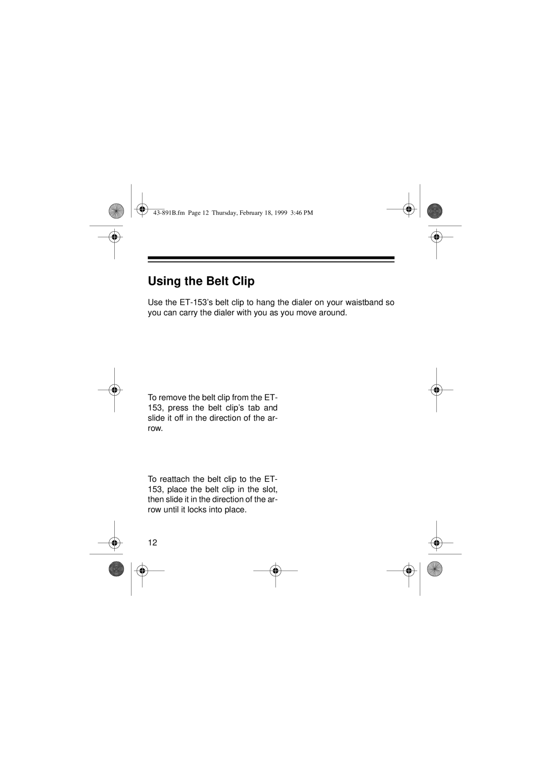 Radio Shack ET-153 owner manual Using the Belt Clip 