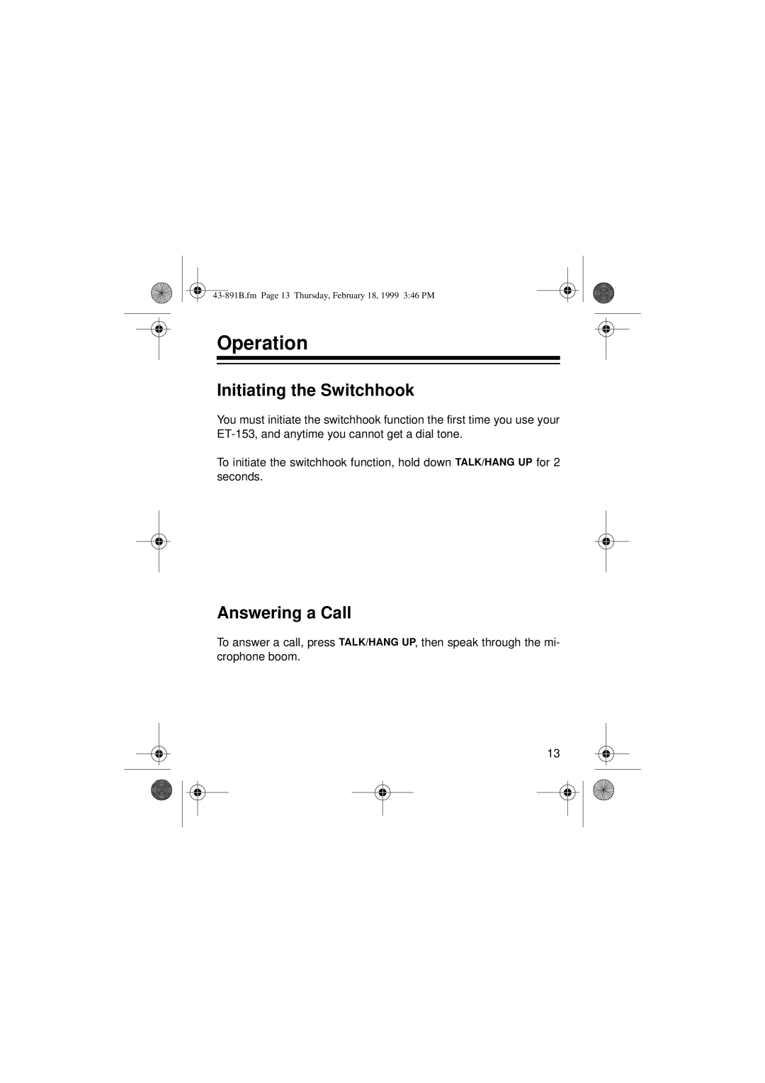 Radio Shack ET-153 owner manual Initiating the Switchhook, Answering a Call 