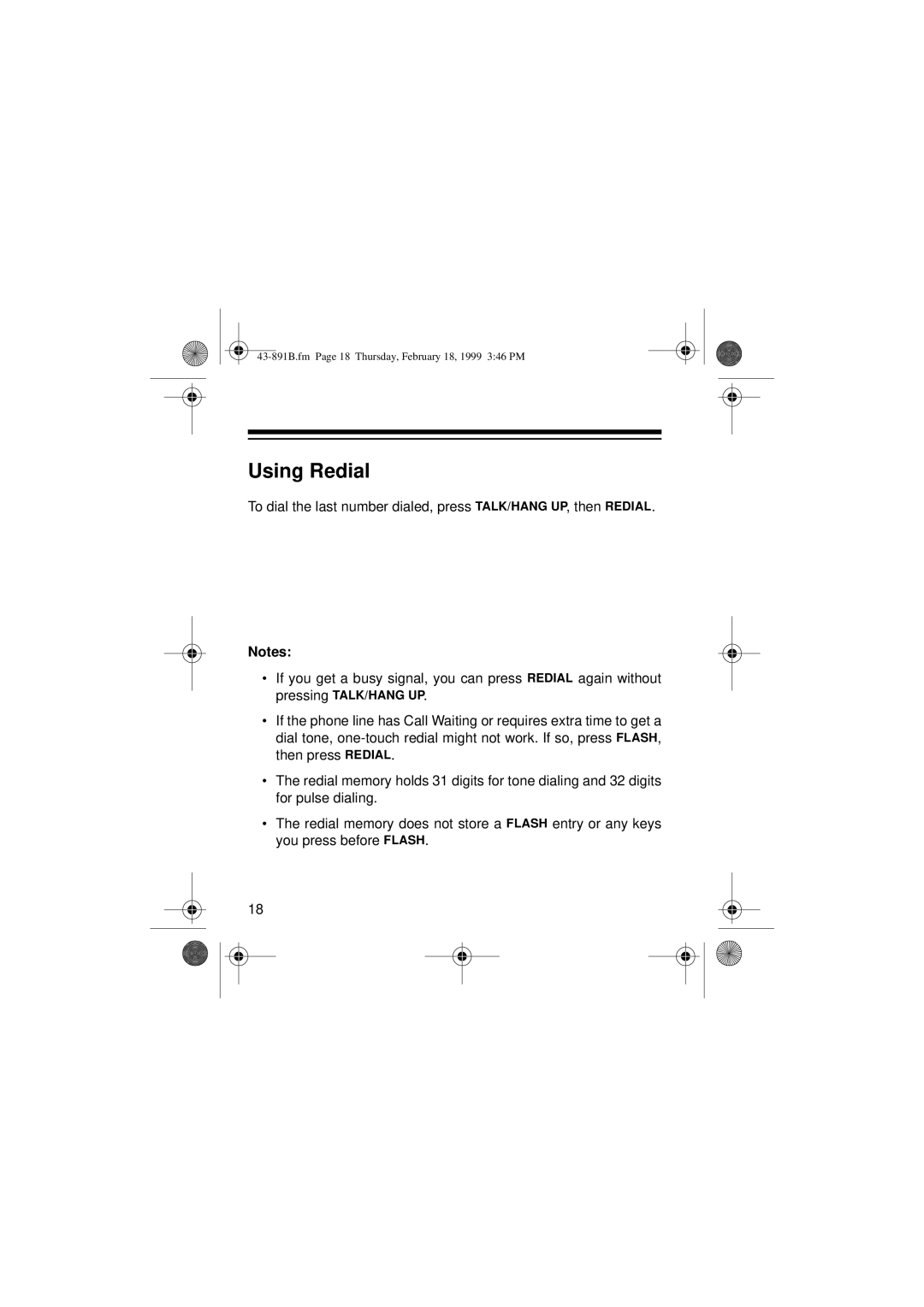 Radio Shack ET-153 owner manual Using Redial 