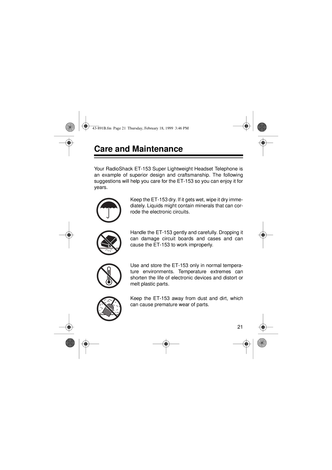 Radio Shack ET-153 owner manual Care and Maintenance 