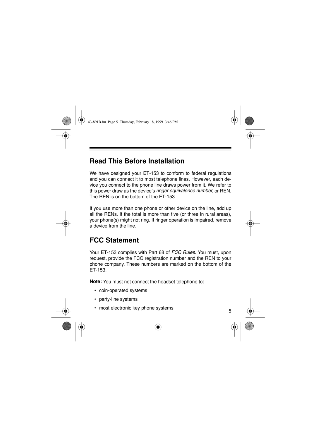 Radio Shack ET-153 owner manual Read This Before Installation, FCC Statement 