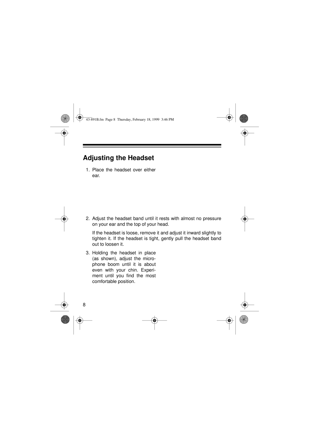 Radio Shack ET-153 owner manual Adjusting the Headset 