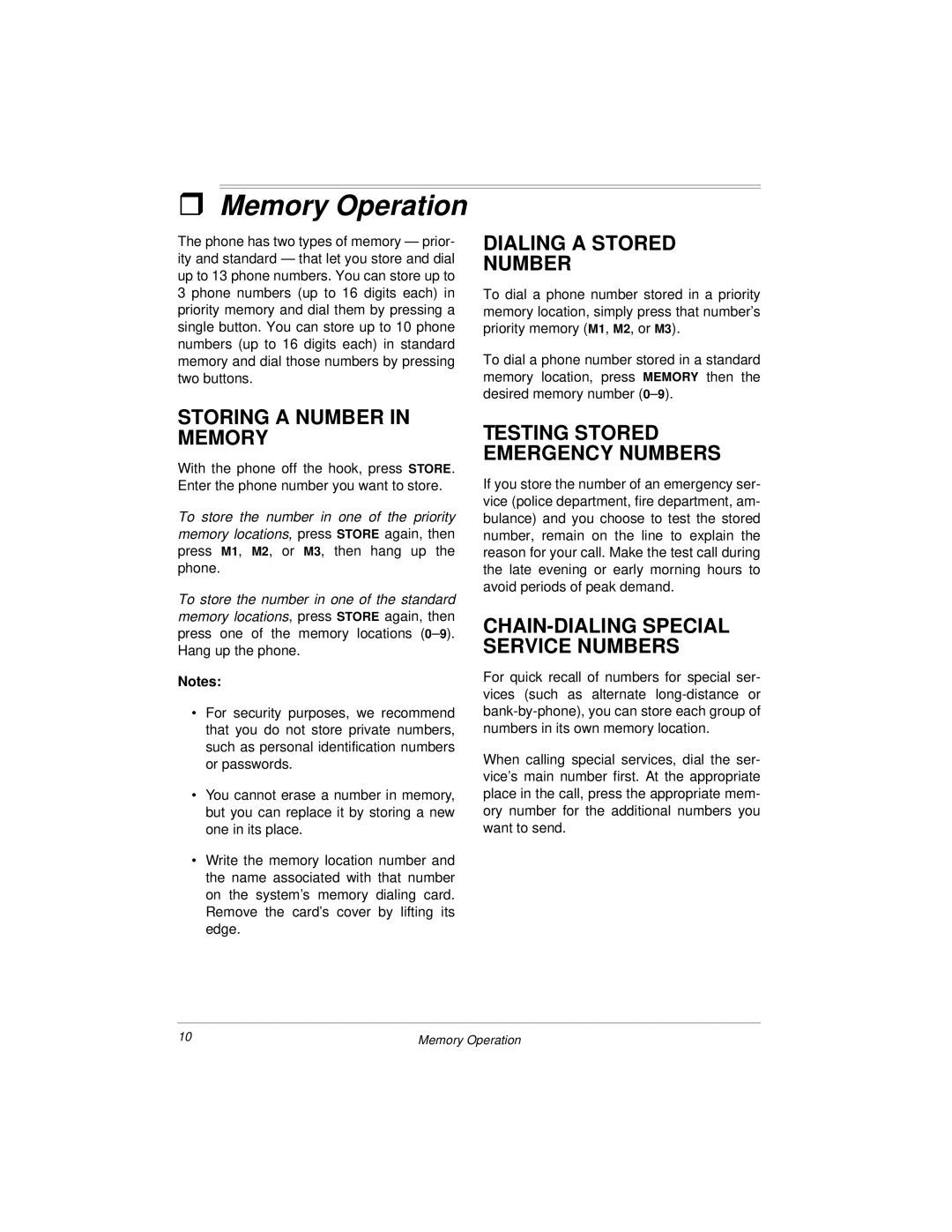 Radio Shack ET 1754 owner manual Memory Operation, Dialing a Stored Number, Storing a Number in Memory 