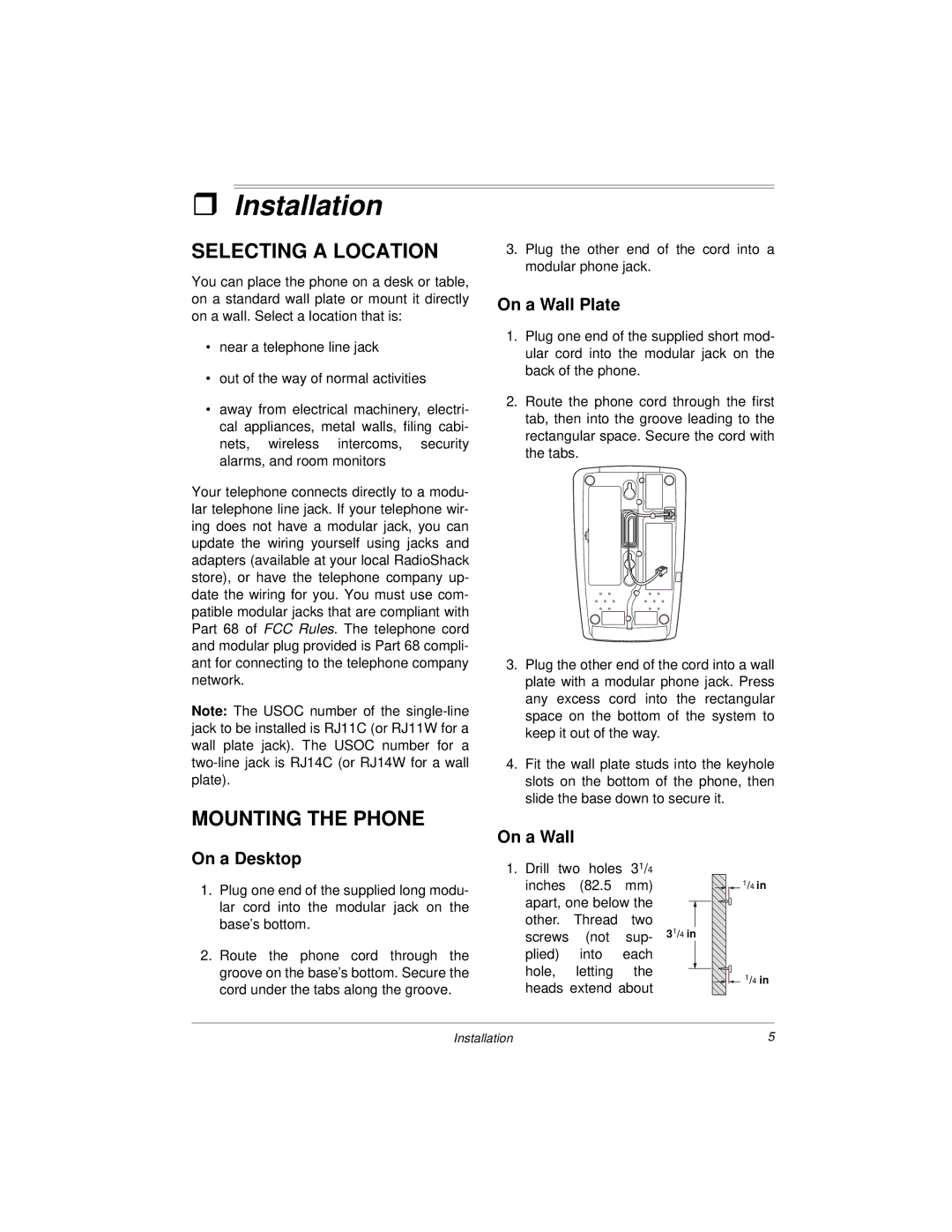 Radio Shack ET 1754 owner manual Installation, Selecting a Location, Mounting the Phone 