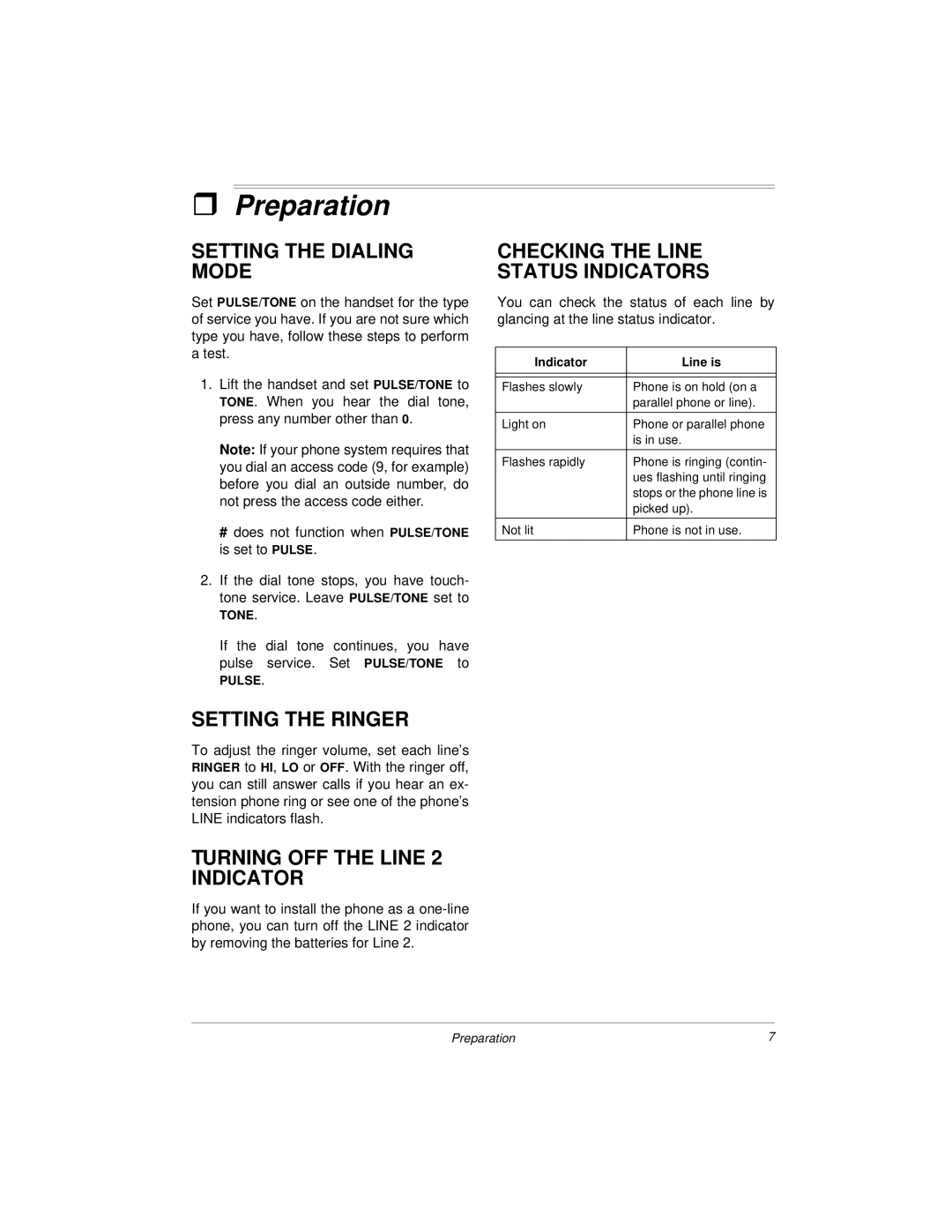 Radio Shack ET 1754 Preparation, Setting the Dialing Mode, Setting the Ringer, Turning OFF the Line 2 Indicator 