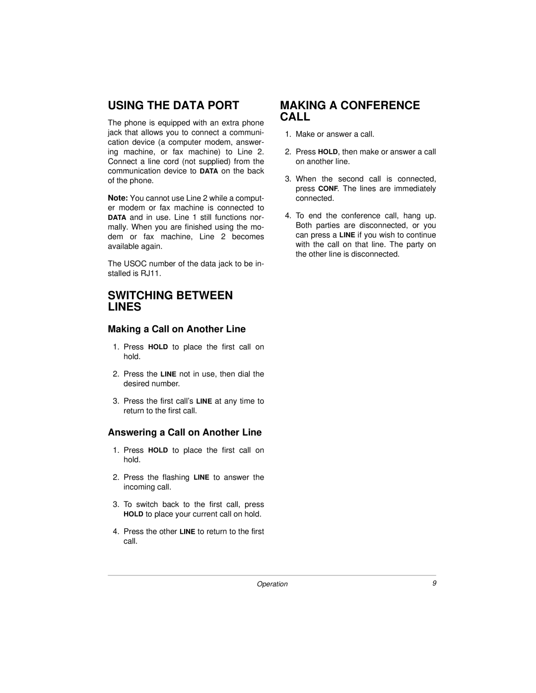 Radio Shack ET 1754 owner manual Using the Data Port, Switching Between Lines, Making a Conference Call 