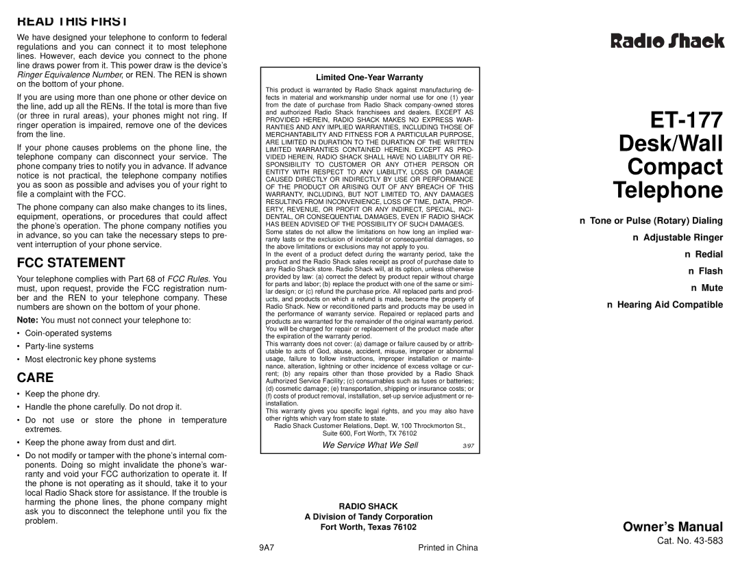 Radio Shack owner manual ET-177 Desk/Wall Compact Telephone, Read this First, FCC Statement, Care 