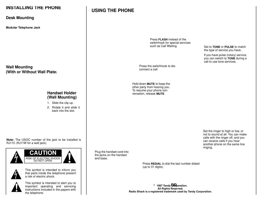 Radio Shack ET-177 owner manual Installing the Phone, Using the Phone, Desk Mounting, Modular Telephone Jack 