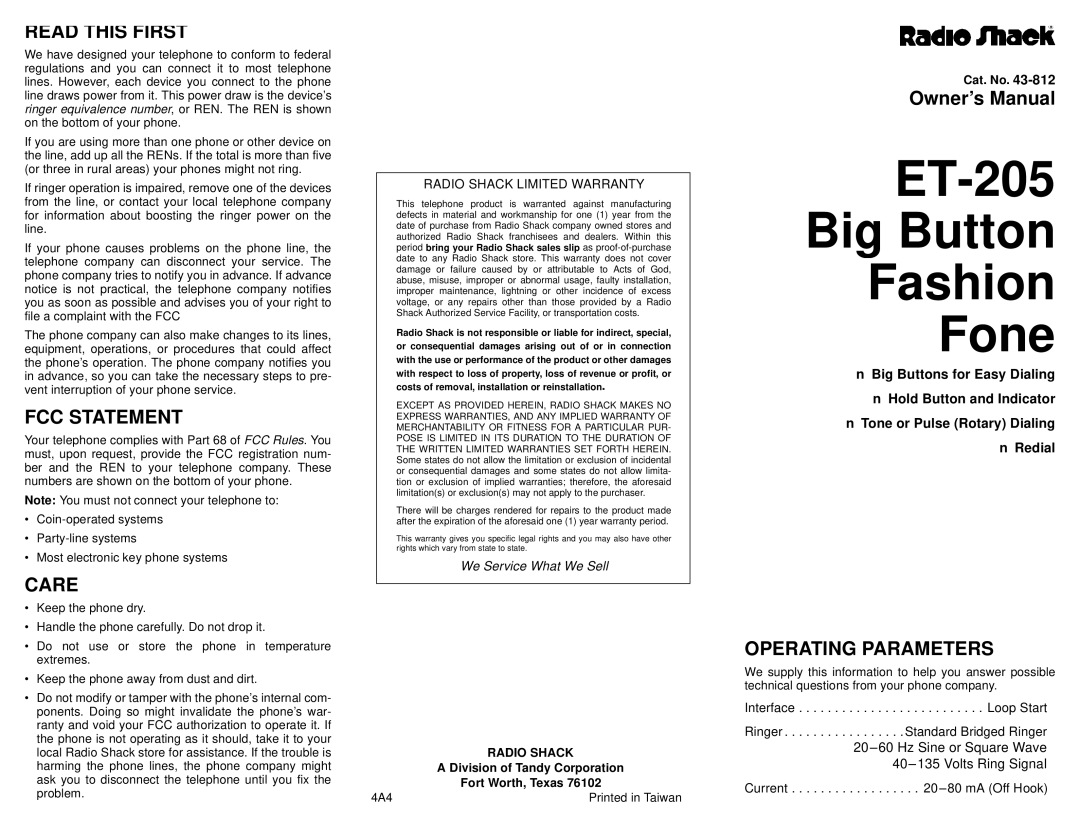 Radio Shack owner manual ET-205 Big Button Fashion Fone, FCC Statement, Care, Operating Parameters 