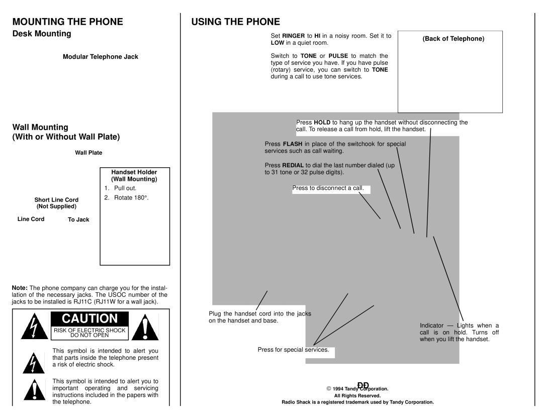 Radio Shack ET-205 Mounting the Phone, Using the Phone, Desk Mounting, Wall Mounting With or Without Wall Plate 