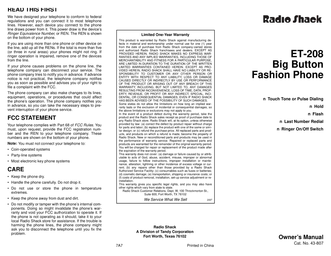 Radio Shack owner manual ET-208 Big Button Fashion Phone, Read this First, FCC Statement, Care 