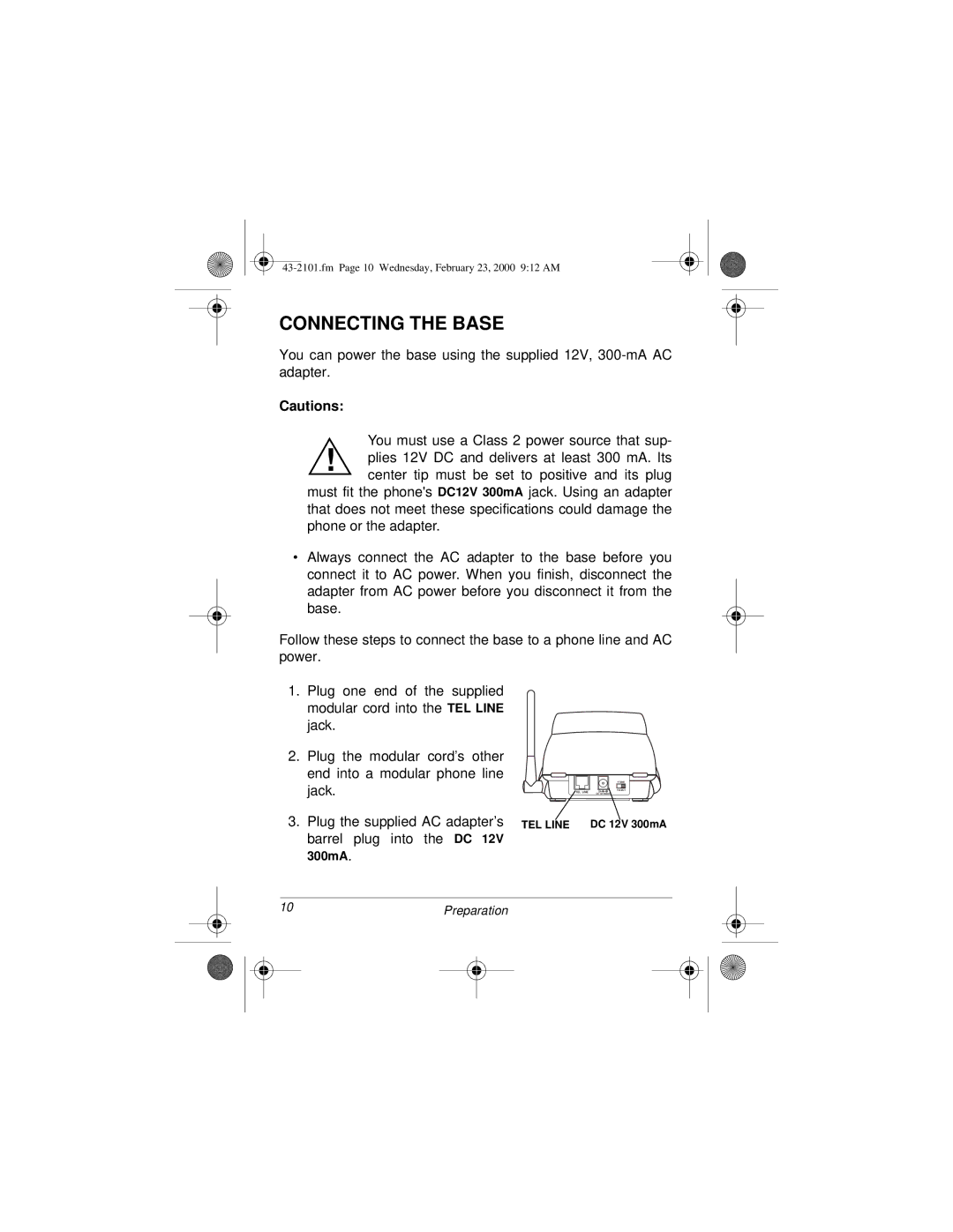 Radio Shack ET-2101 owner manual Connecting the Base 