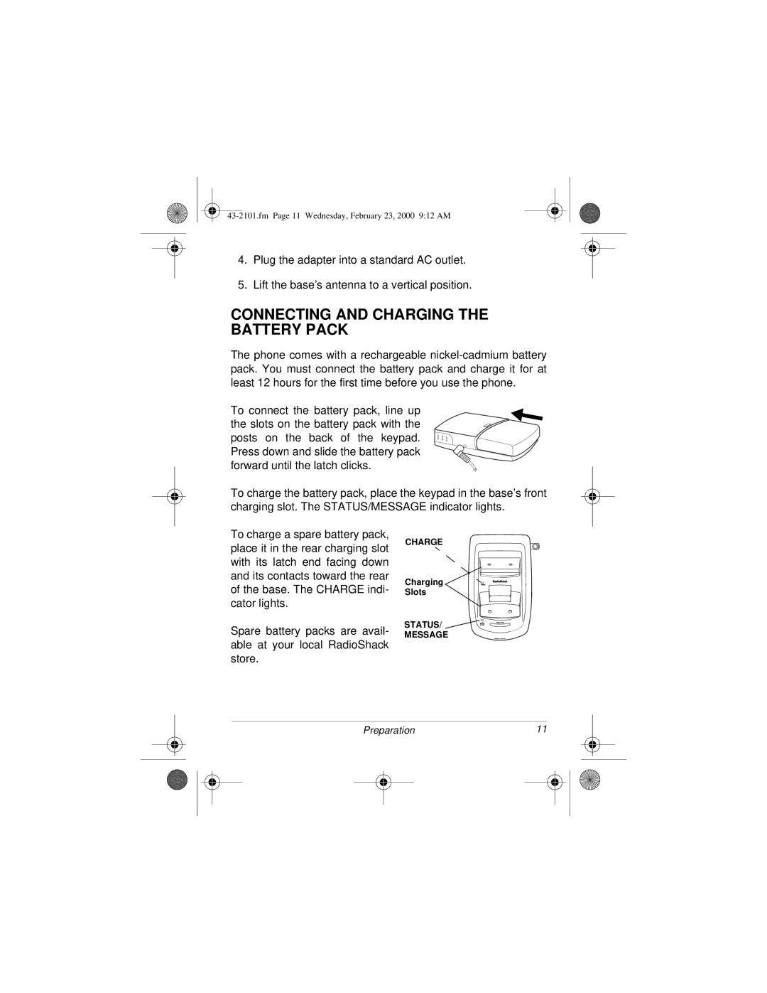 Radio Shack ET-2101 owner manual Connecting and Charging the Battery Pack 