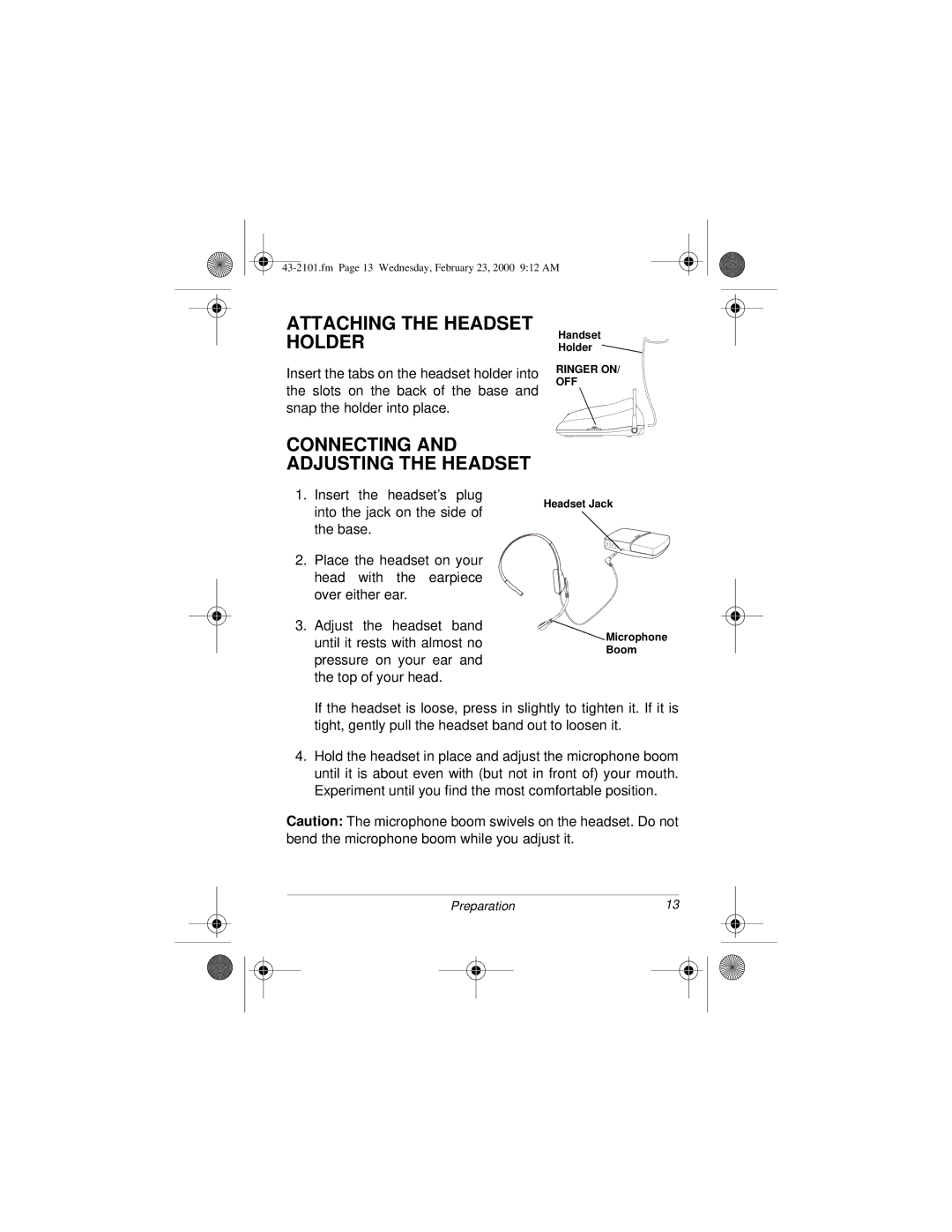 Radio Shack ET-2101 owner manual Attaching the Headset Holder, Connecting and Adjusting the Headset 