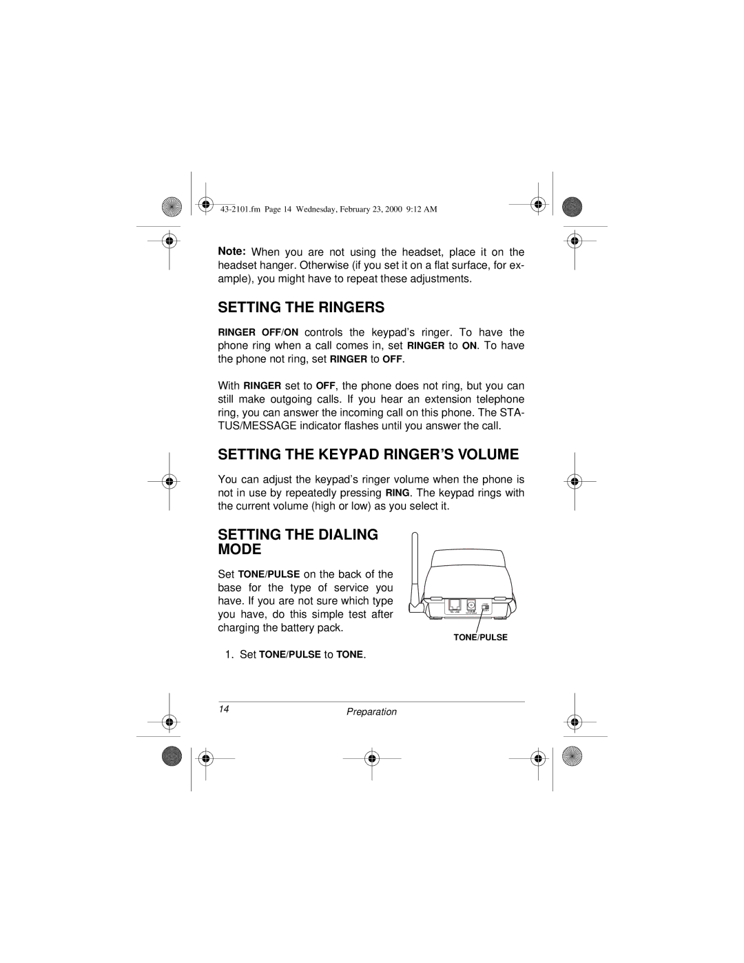 Radio Shack ET-2101 owner manual Setting the Ringers, Setting the Keypad RINGER’S Volume, Setting the Dialing Mode 