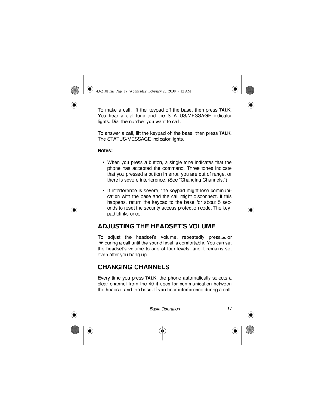 Radio Shack ET-2101 owner manual Adjusting the HEADSET’S Volume, Changing Channels 