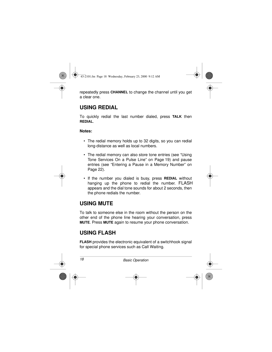 Radio Shack ET-2101 owner manual Using Redial, Using Mute, Using Flash 