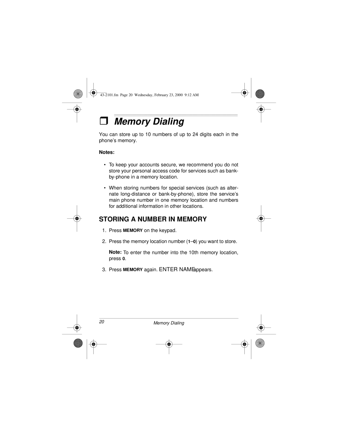 Radio Shack ET-2101 owner manual Memory Dialing, Storing a Number in Memory 