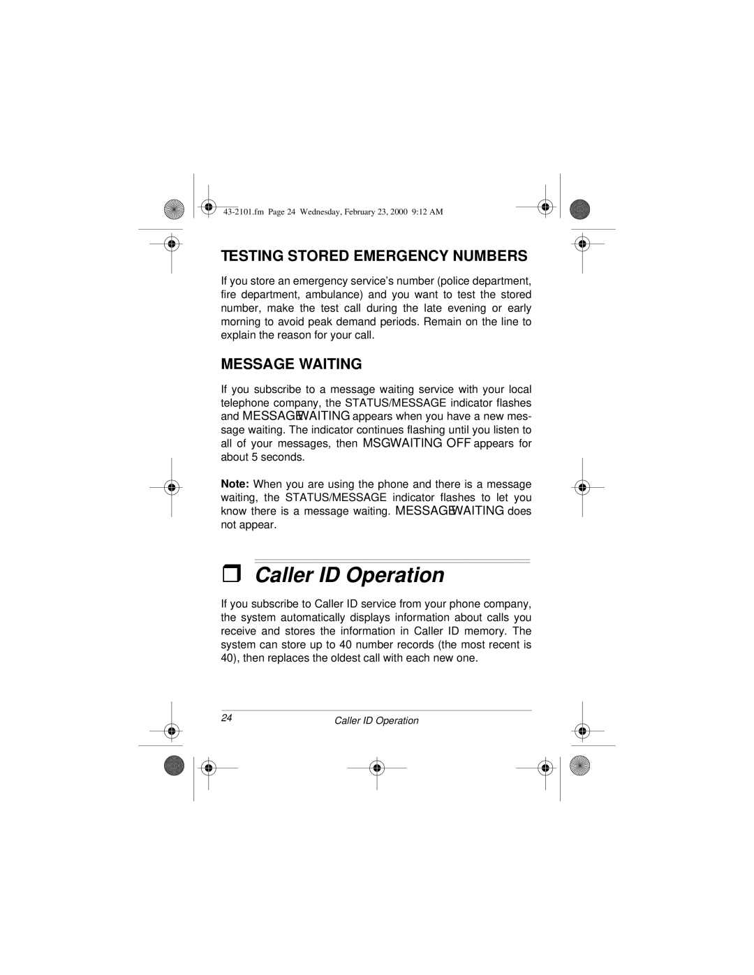 Radio Shack ET-2101 owner manual Caller ID Operation, Testing Stored Emergency Numbers, Message Waiting 