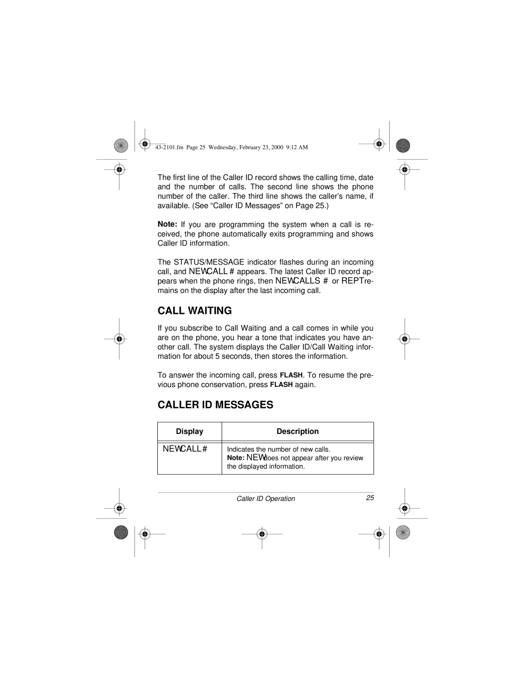 Radio Shack ET-2101 owner manual Call Waiting, Caller ID Messages 