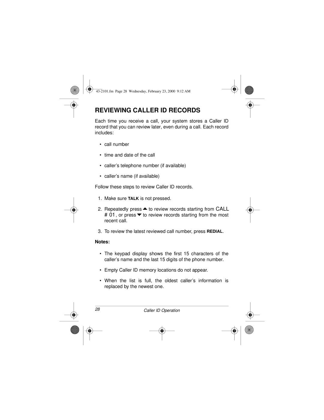 Radio Shack ET-2101 owner manual Reviewing Caller ID Records 