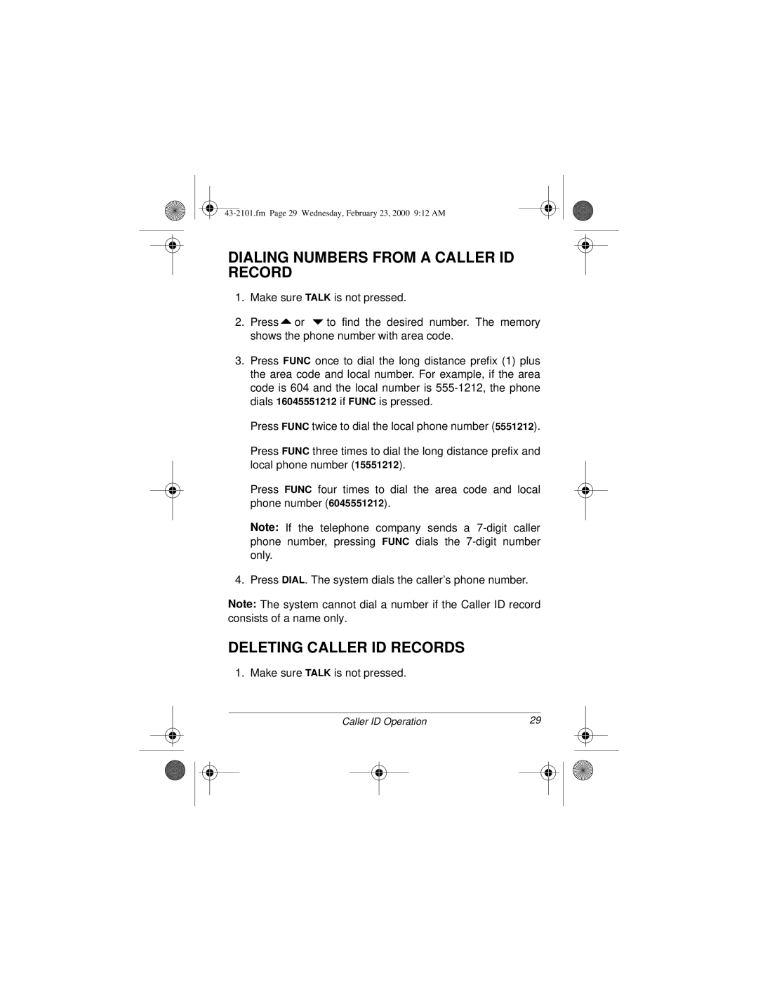 Radio Shack ET-2101 owner manual Dialing Numbers from a Caller ID Record, Deleting Caller ID Records 