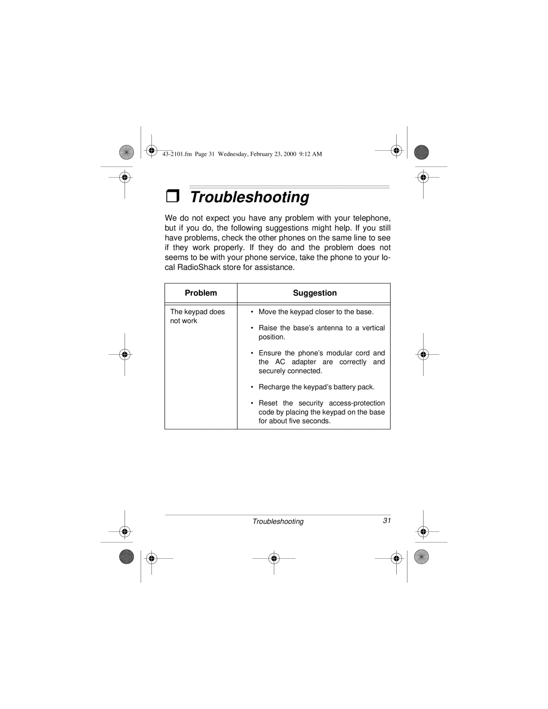 Radio Shack ET-2101 owner manual Troubleshooting, Problem Suggestion 