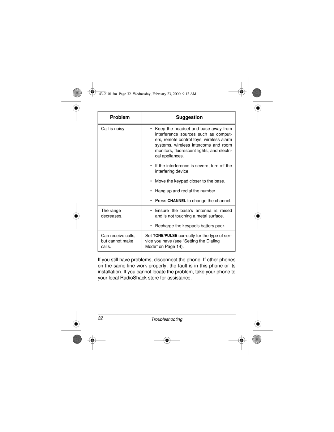 Radio Shack ET-2101 owner manual 32Troubleshooting 