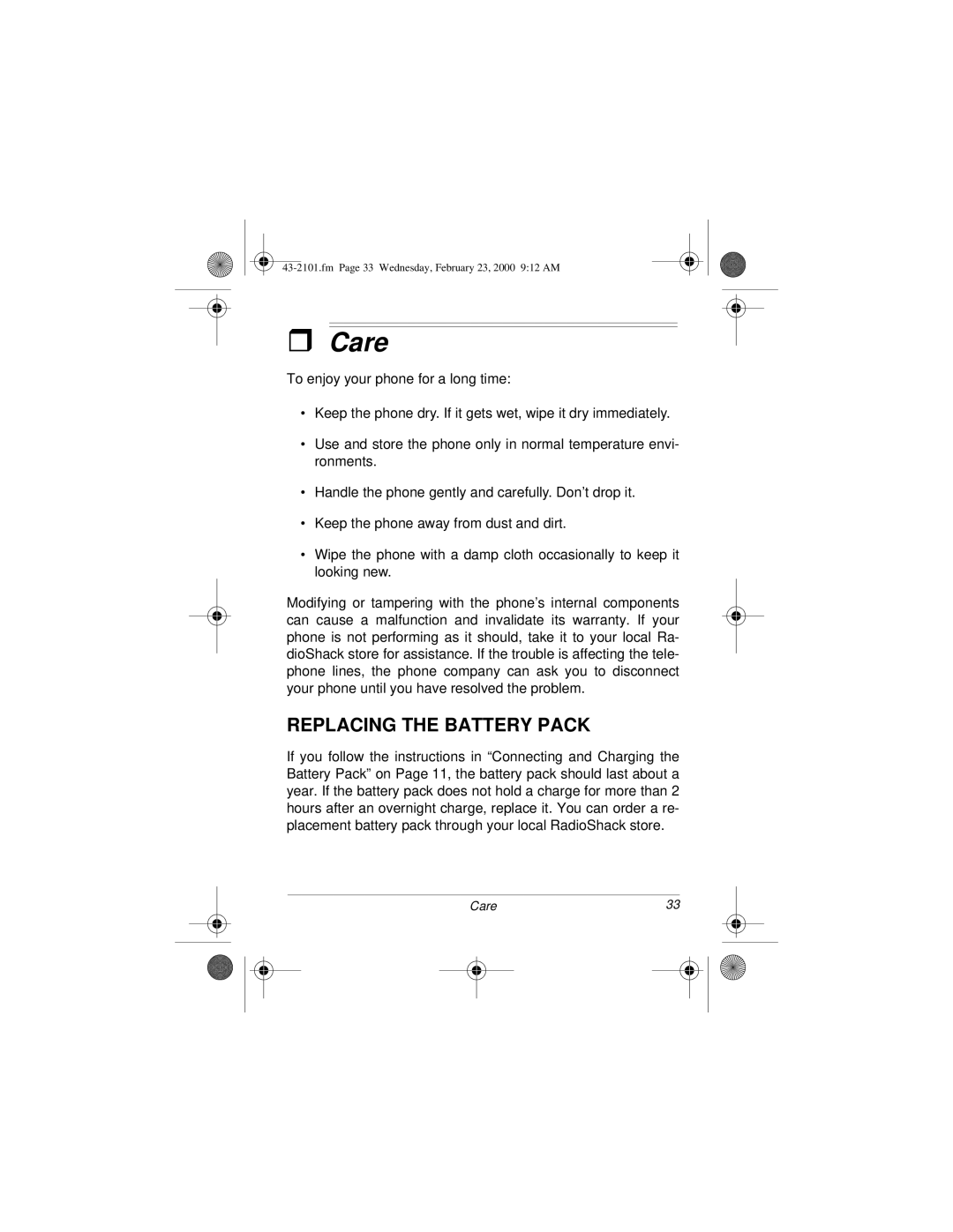 Radio Shack ET-2101 owner manual Care, Replacing the Battery Pack 