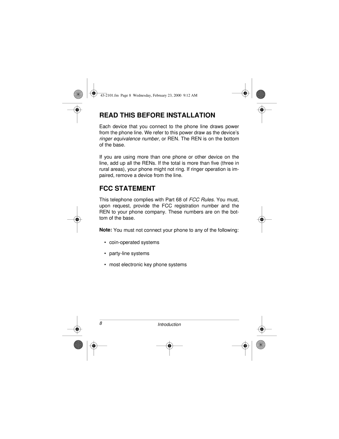 Radio Shack ET-2101 owner manual Read this Before Installation, FCC Statement 