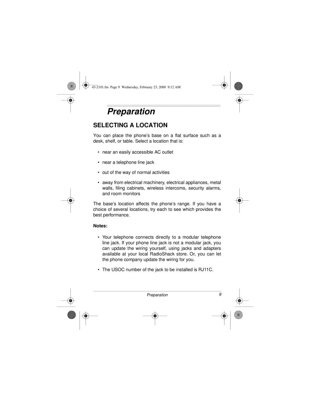 Radio Shack ET-2101 owner manual Preparation, Selecting a Location 