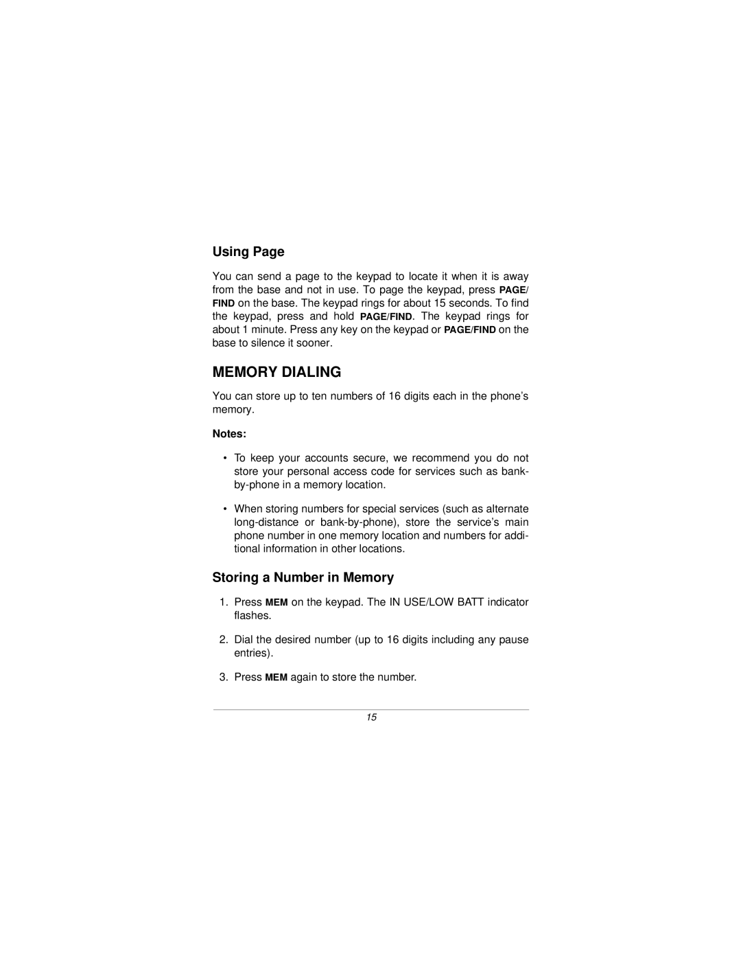 Radio Shack ET-2105 manual Memory Dialing, Using, Storing a Number in Memory 